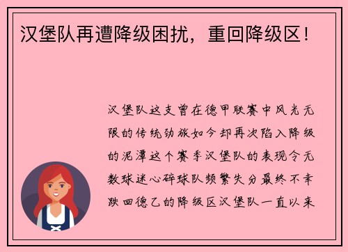 汉堡队再遭降级困扰，重回降级区！
