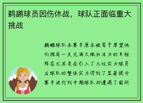 鹈鹕球员因伤休战，球队正面临重大挑战