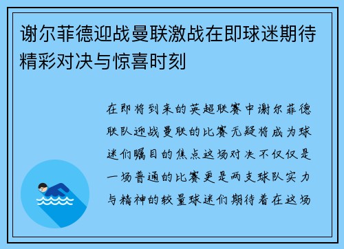 谢尔菲德迎战曼联激战在即球迷期待精彩对决与惊喜时刻