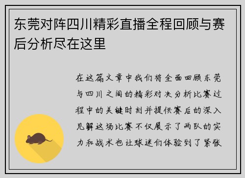 东莞对阵四川精彩直播全程回顾与赛后分析尽在这里