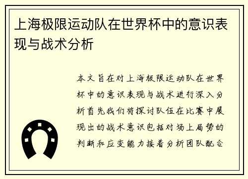 上海极限运动队在世界杯中的意识表现与战术分析