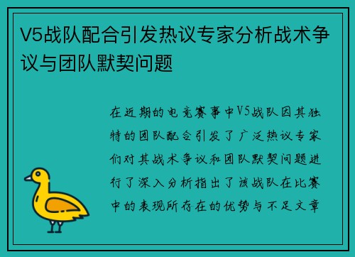 V5战队配合引发热议专家分析战术争议与团队默契问题