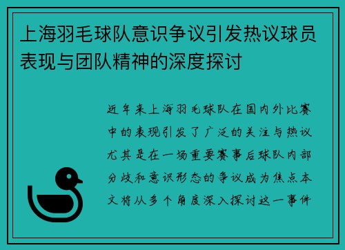 上海羽毛球队意识争议引发热议球员表现与团队精神的深度探讨
