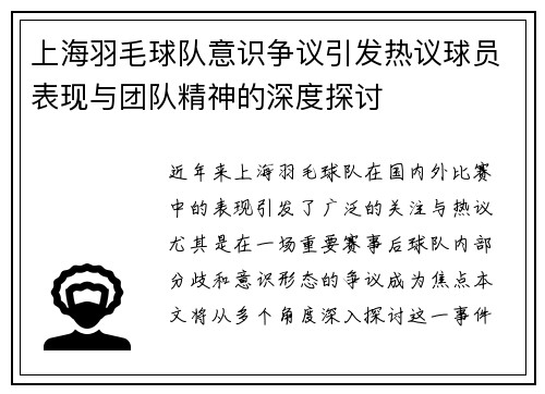 上海羽毛球队意识争议引发热议球员表现与团队精神的深度探讨